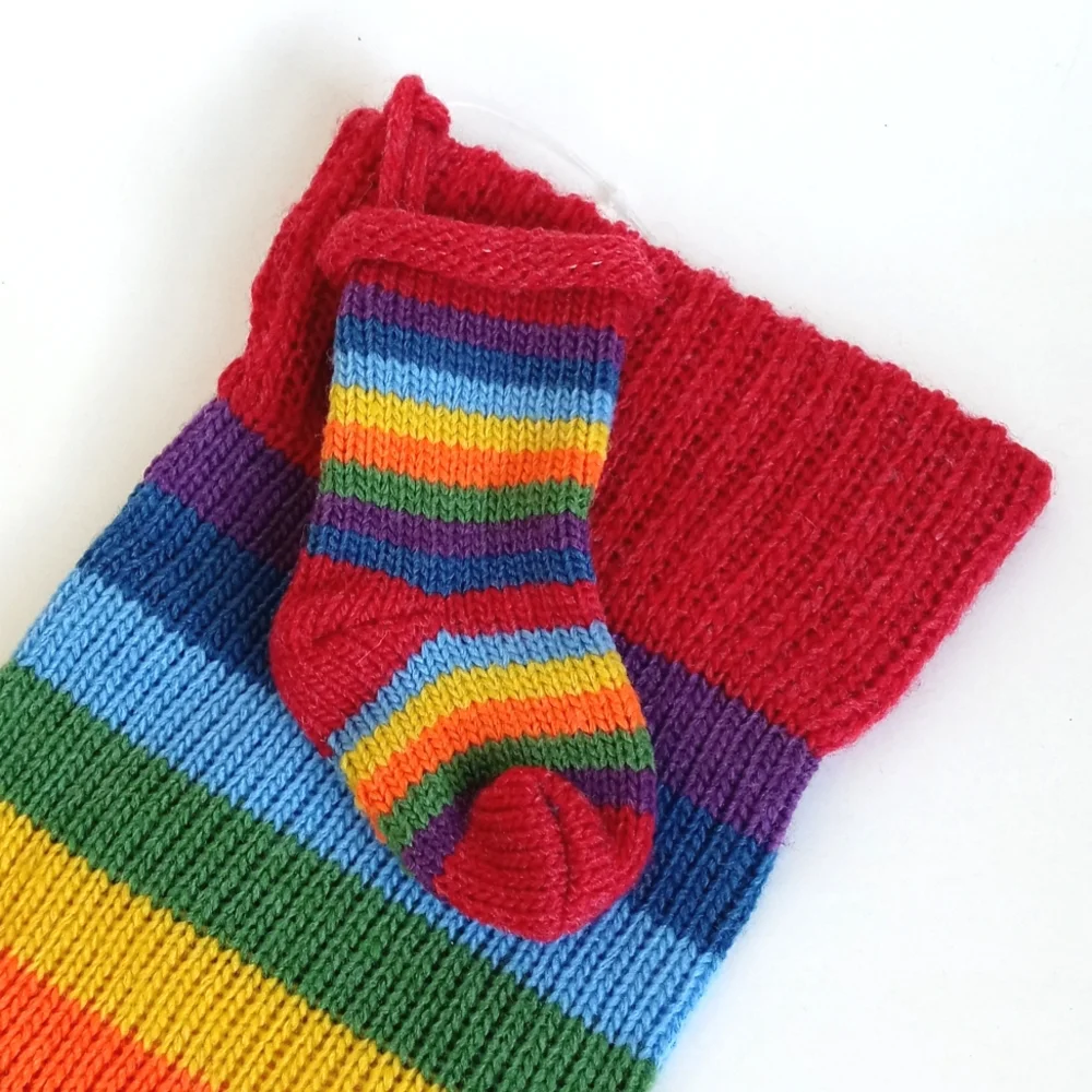 Christmas Rainbow Stripe Knit Stocking With Mini Knit Stocking